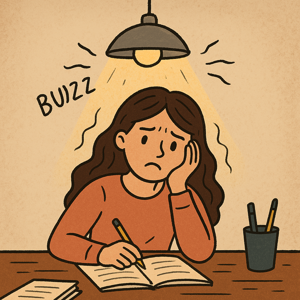 Cartoon of a woman with ADHD trying to focus at her desk while a bright ceiling light flickers overhead, symbolizing sensory sensitivity at work.
