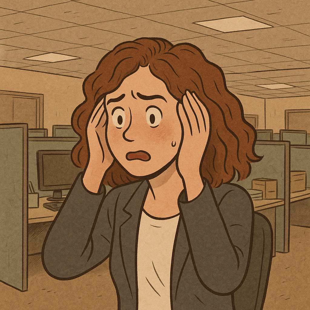 Cartoon of a woman in an office with cubicles looking overwhelmed and overstimulated, representing ADHD sensory overload at work.